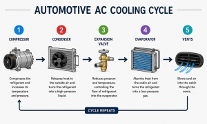 Automotive AC cooling cycle showing the compressor, condenser, expansion valve, evaporator and vents.