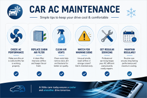 Car AC maintenance infographic with six essential care tips and icons.