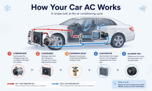 Car AC system diagram showing refrigerant flow and key components.